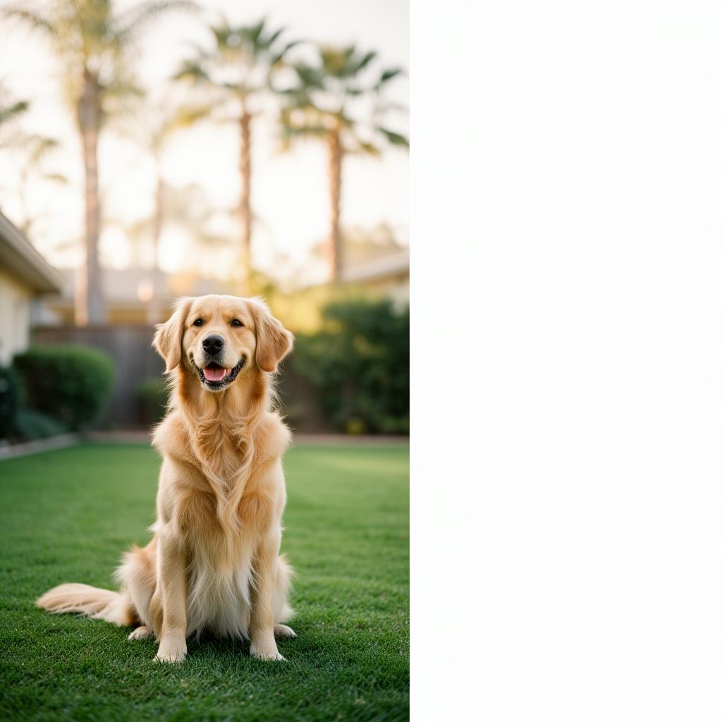 Golden retriever sitting on a clean Orange County backyard lawn